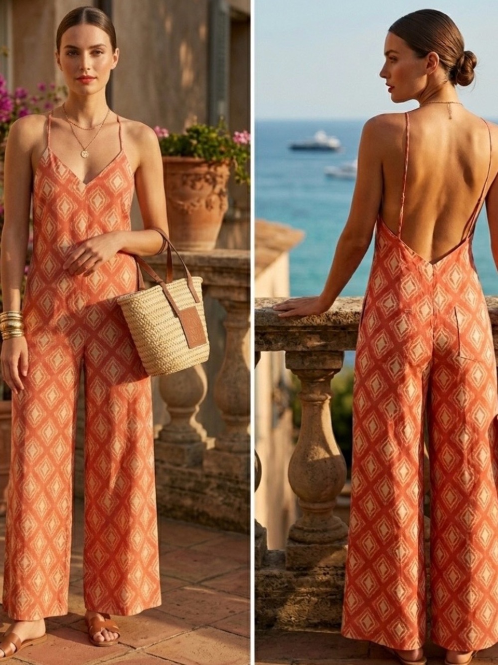 NWT Zara The Jami Jumpsuit Terracotta Orange Ikat Geometric Cotton Wide Leg S